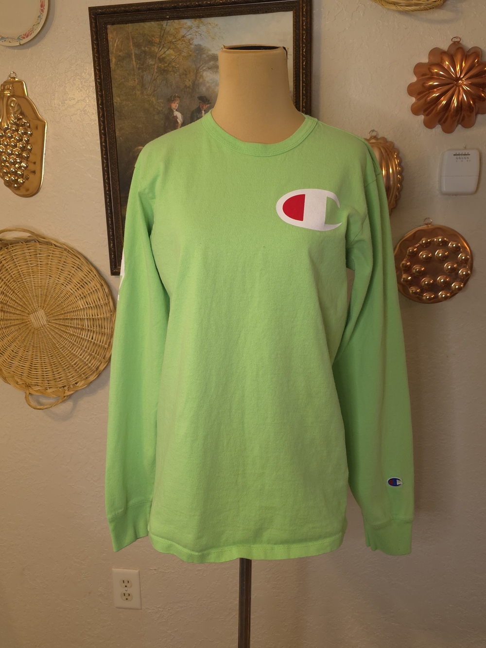 Vintage Champion 90s 2000s Lime Green Big Logo Long Sleeve T-Shirt Y2K Gorpcore